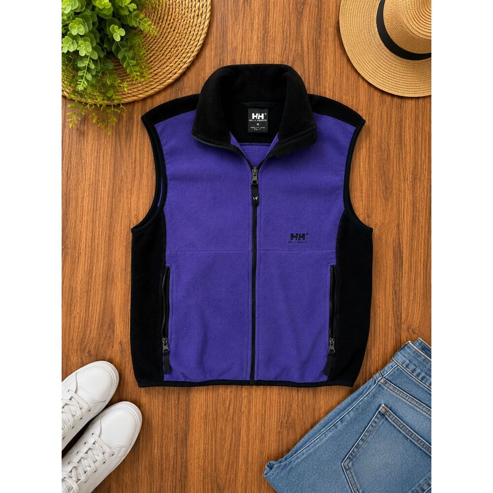 Vintage Helly Hansen Fleece Vest Purple Black Full Zip Outdoor Hiking Ski Y2K